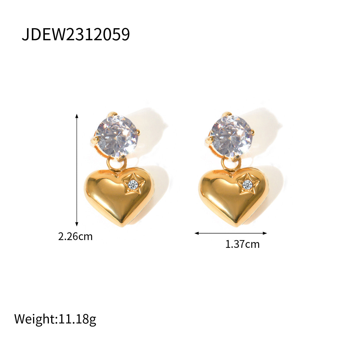 Minimalist Geometric Series 18K Gold Stainless Steel Smooth Zircon Heart Pendant Earrings Jewelry