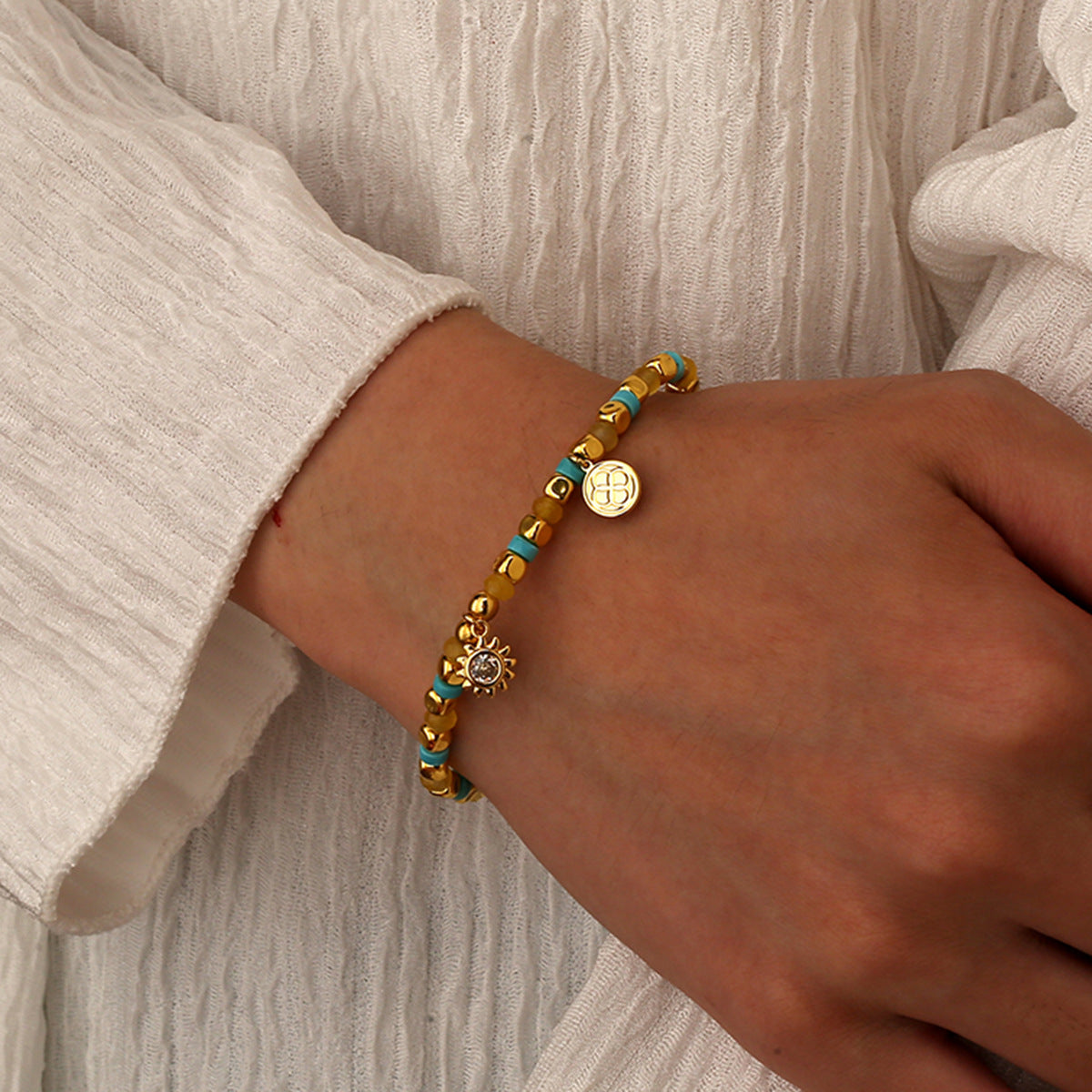 B0296 Sunflower Inlaid Zircon Design Beaded Fashion Retro Chalcedony Bracelet