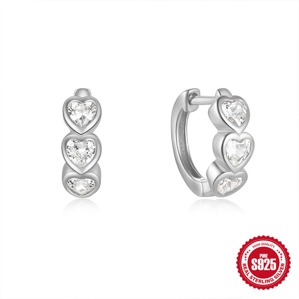 New925Sterling Silver Heart-Shaped Diamond-Studded Hoop Earrings for Women Hot-Selling Heart-Shaped Earrings