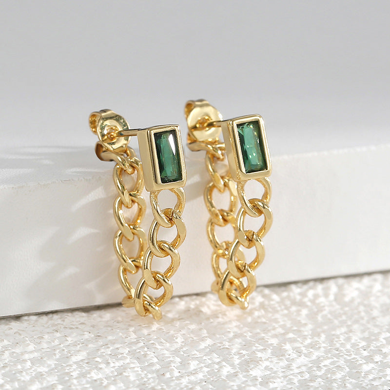 E0386 New Simple Tassel Chain Earrings for Women, Brass Gold-Plated with Green Zircon Studs