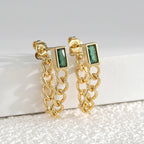 E0386 New Simple Tassel Chain Earrings for Women, Brass Gold-Plated with Green Zircon Studs