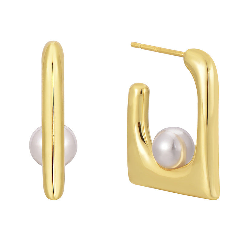 E0646 Fashion Geometric Square Inlaid Pearl Stud Earrings for Women Brass Gold-Plated Minimalist Style Earrings
