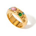 2H 18K Gold Stainless Steel Zircon Ring for Women Hammered Texture with Pink Zircon and Blue Green Zircon Ring
