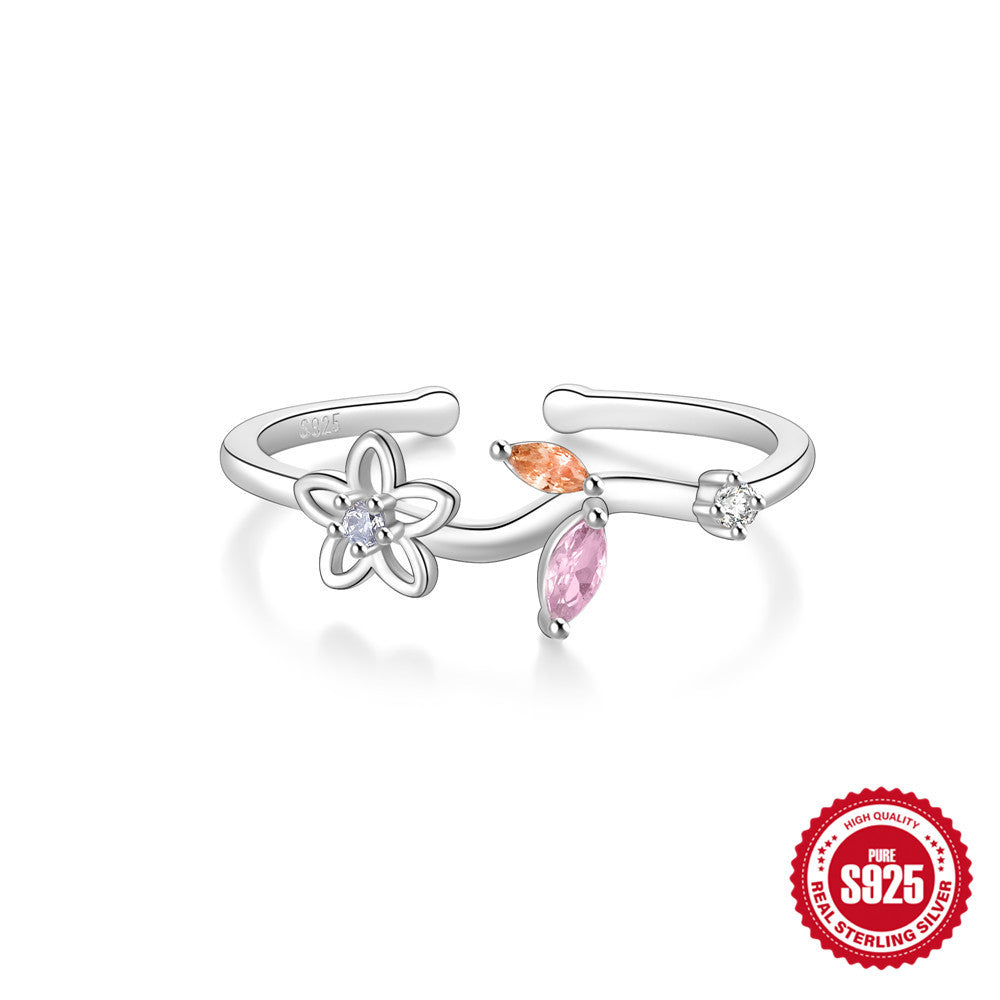 S925Pure Silver Japanese Style High-End Diamond-Studded Ring Japanese and Korean Design Sense Diamond Heart Petal Open Index Finger Ring