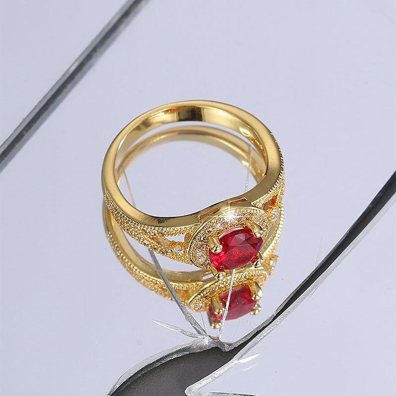 R0457 Design Sense Round Red Zircon Ring for Women, Simple Micro Pave White Zircon Modern Tail Ring