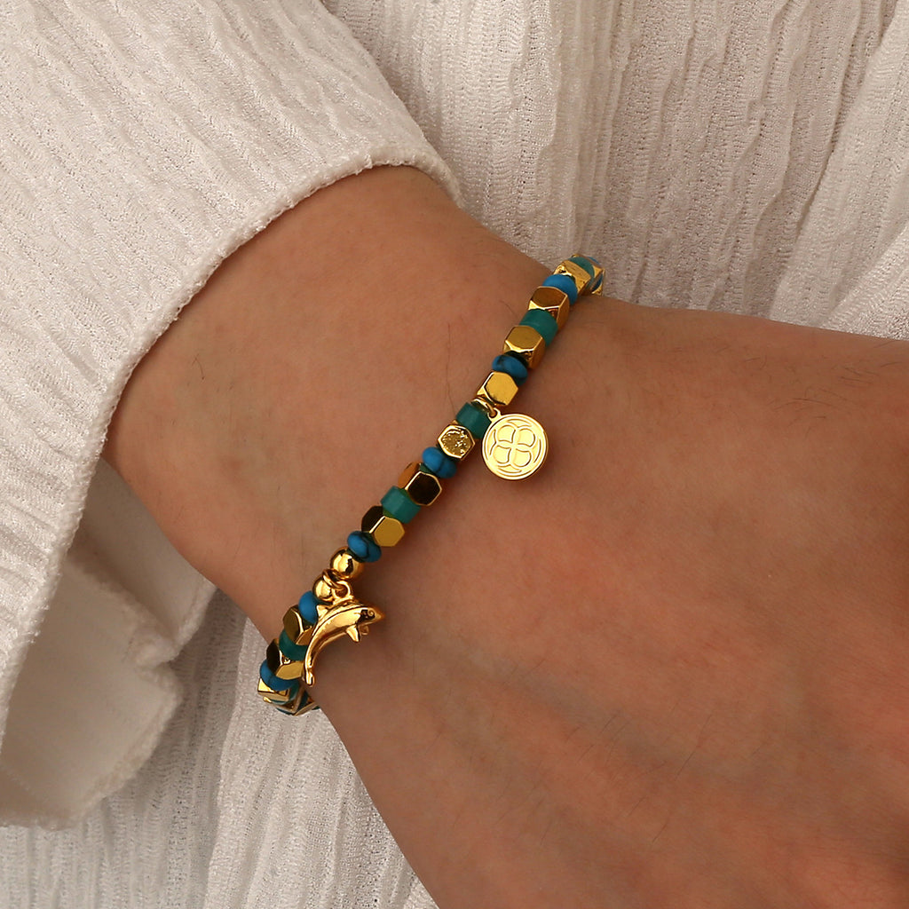 B0328 Ocean Dolphin Pendant Beaded Bracelet Fashion Bohemian Blue Turquoise Bracelet