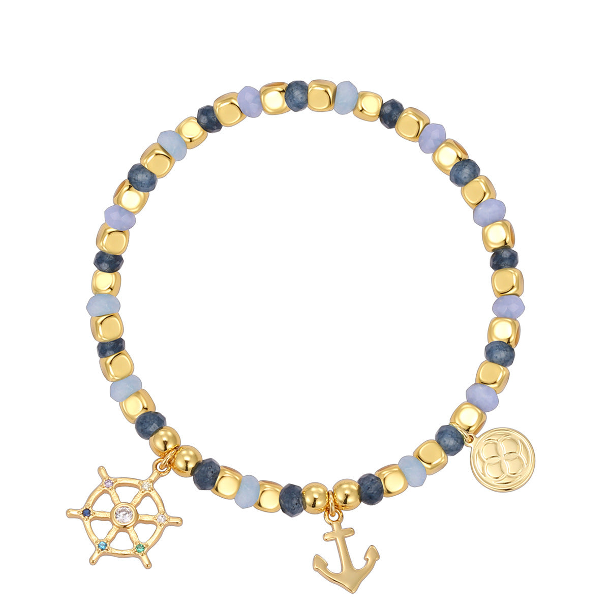 B0273 Ocean Pirate Series Chalcedony Beaded Vintage Anchor Rudder Bracelet