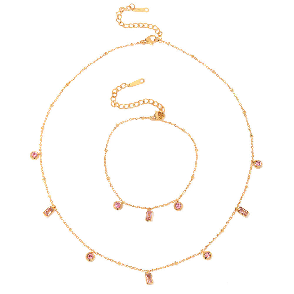 2H 18K Gold Square Pink Purple Round Pendant Bracelet Versatile Non-Fading Bracelet Jewelry