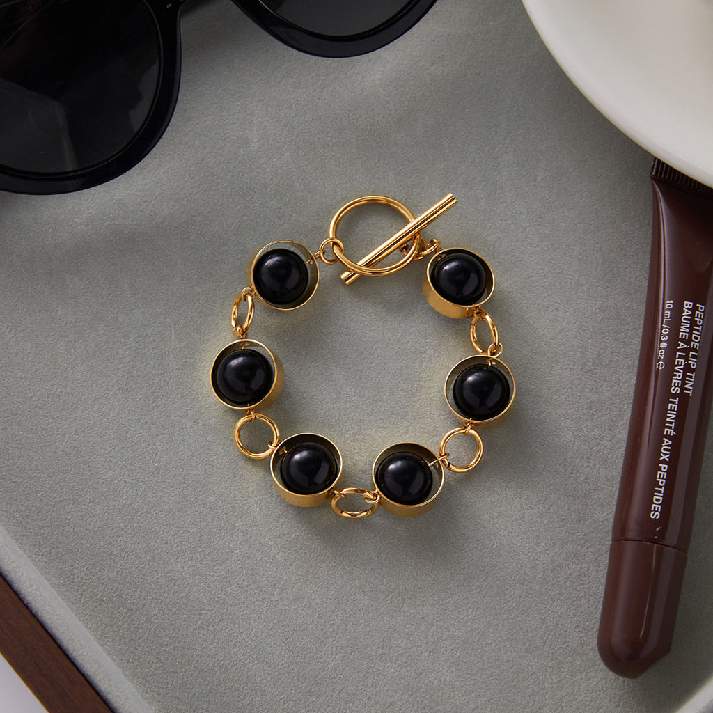 2H Stainless steel black glass beads can rotate OT Clasp Bracelet Jewelry