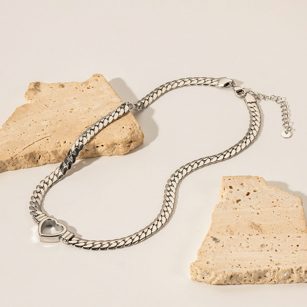 2H New Trend Stainless Steel Cuban Chain Heart Necklace14K Gold-Plated Hollow Flat Snake Chain Heart Pendant for Women Layered Wear