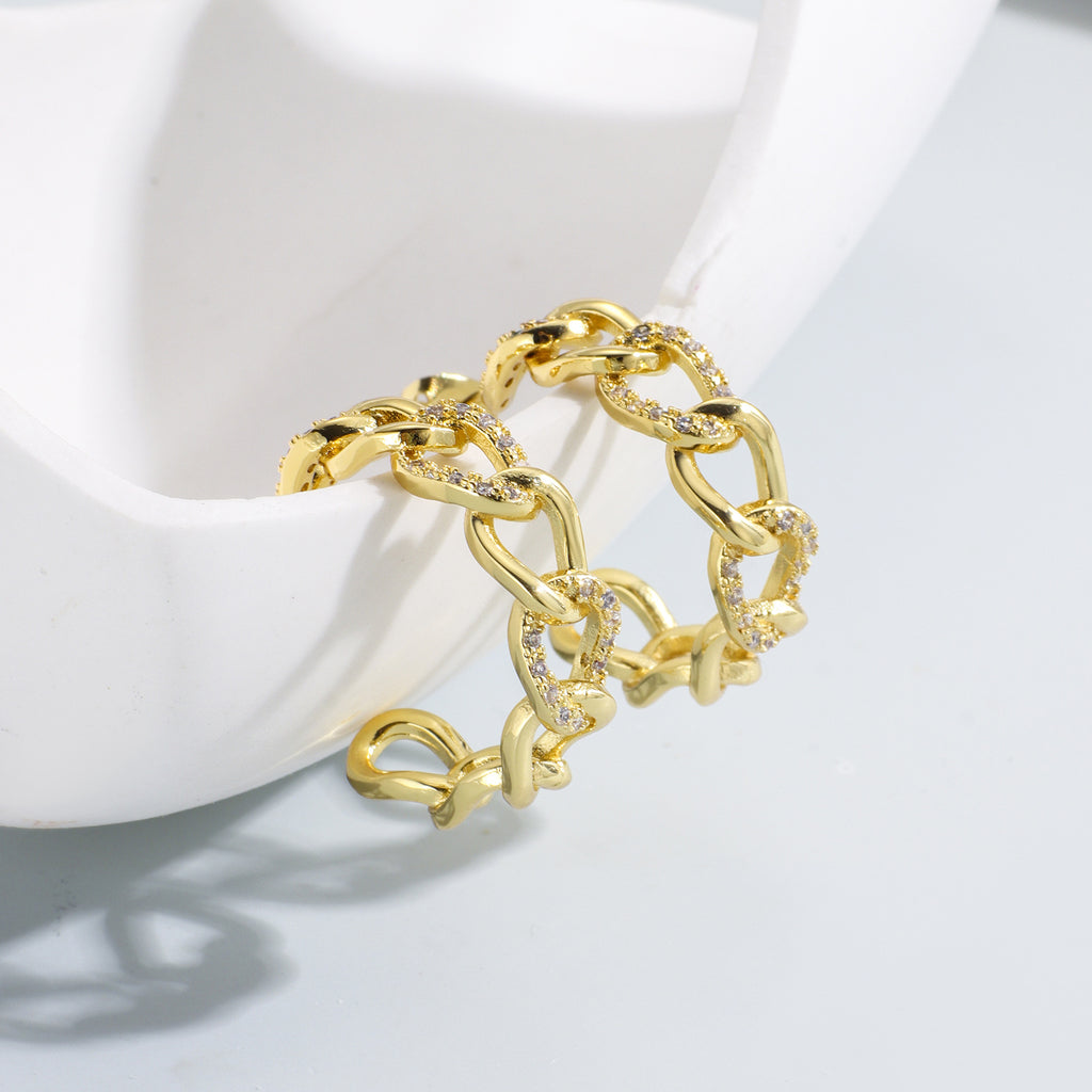 E0097 Exaggerated Hip-Hop Style Hollow Zirconia Stud Earrings for Women with Gold-Plated Chain