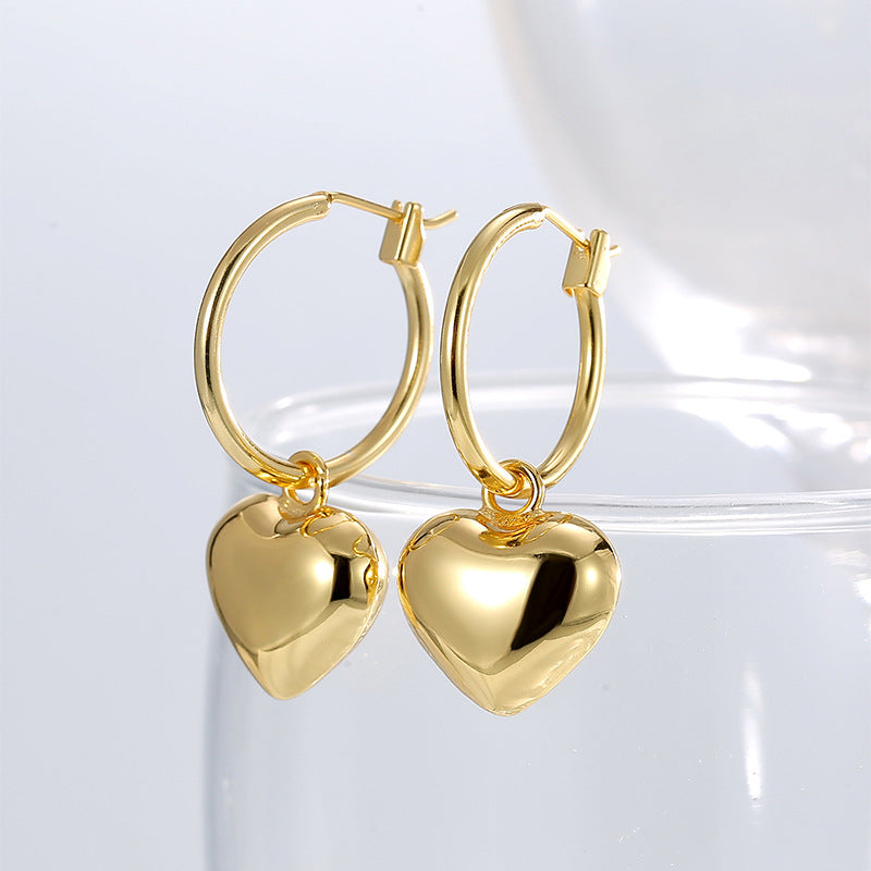 E0793 Metallic Glossy Heart-Shaped Earrings for Women Copper Plated18K Gold Fashion Simple Heart Earrings