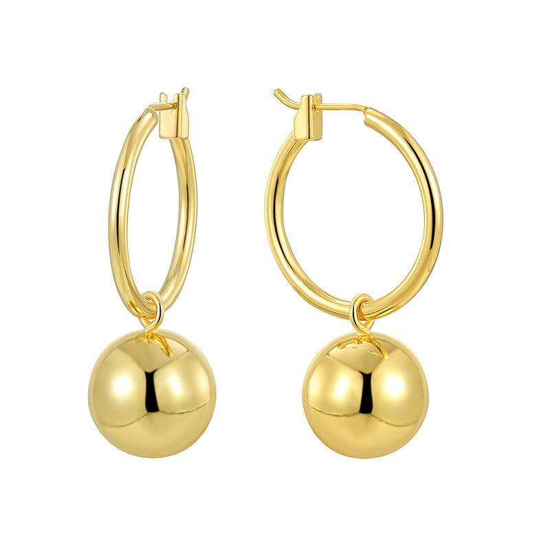 E0788 Simple Round Ball Earrings for Women, Brass Gold-Plated, Elegant Smooth Geometric Large Hoop Earrings
