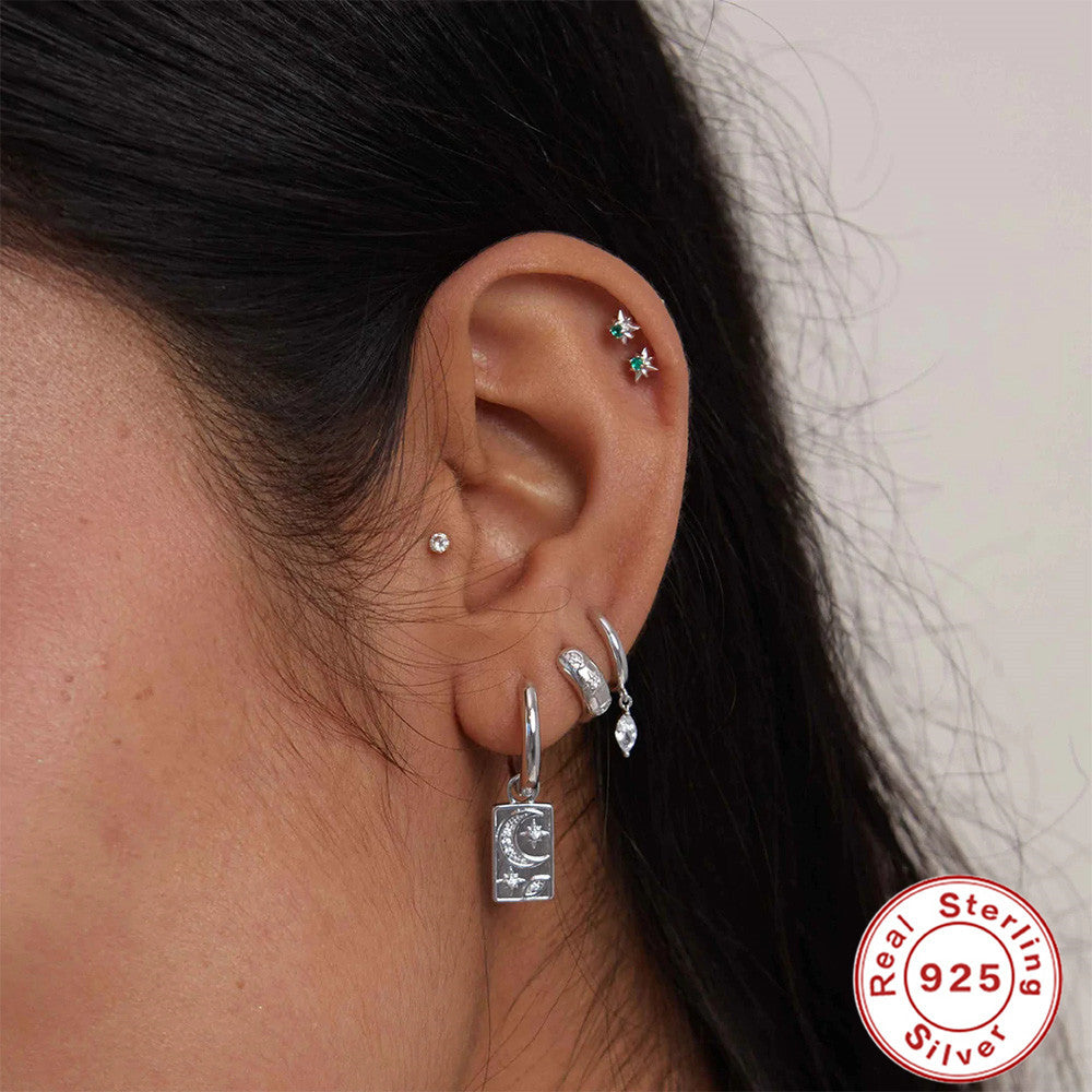 S925Sterling Silver Hoop Hoop Earrings with Horse Eye Inlay and Diamonds, Popular Trendy Minimalist Style Earrings for Women