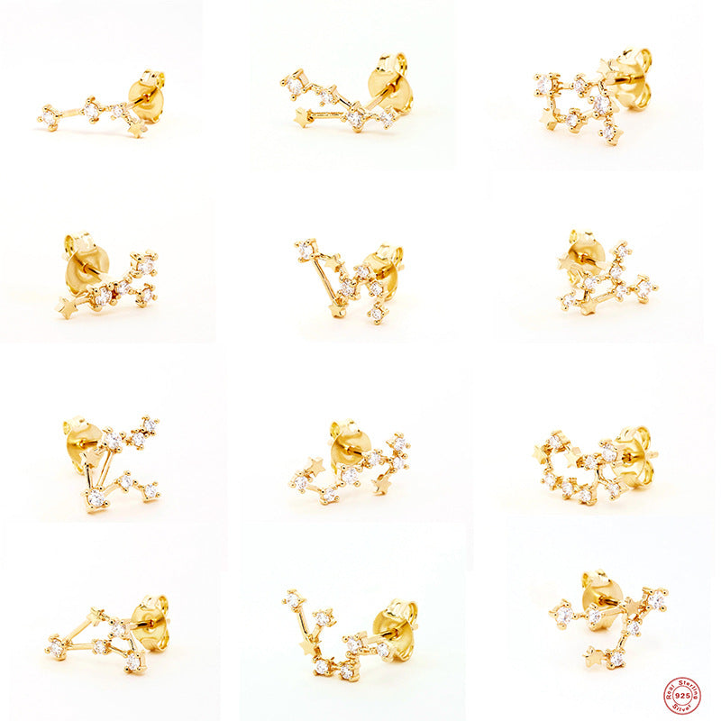 S925Sterling Silver Irregular Zodiac Sign Diamond-Studded Pentagram Earrings Best-Selling Creative Earrings for Women