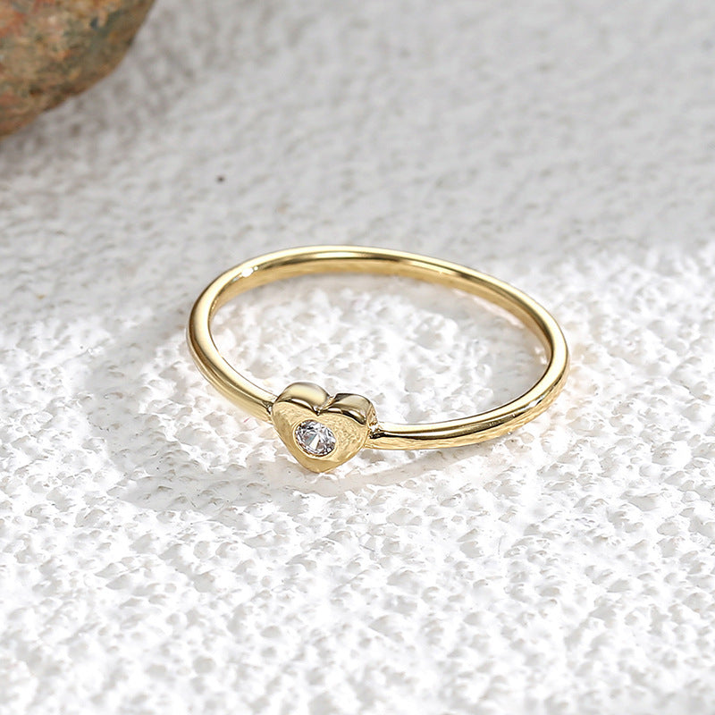 R0229 Simple Small Heart Zircon Ring for Women, Stackable Heart-Shaped Diamond Ring for Valentine's Day
