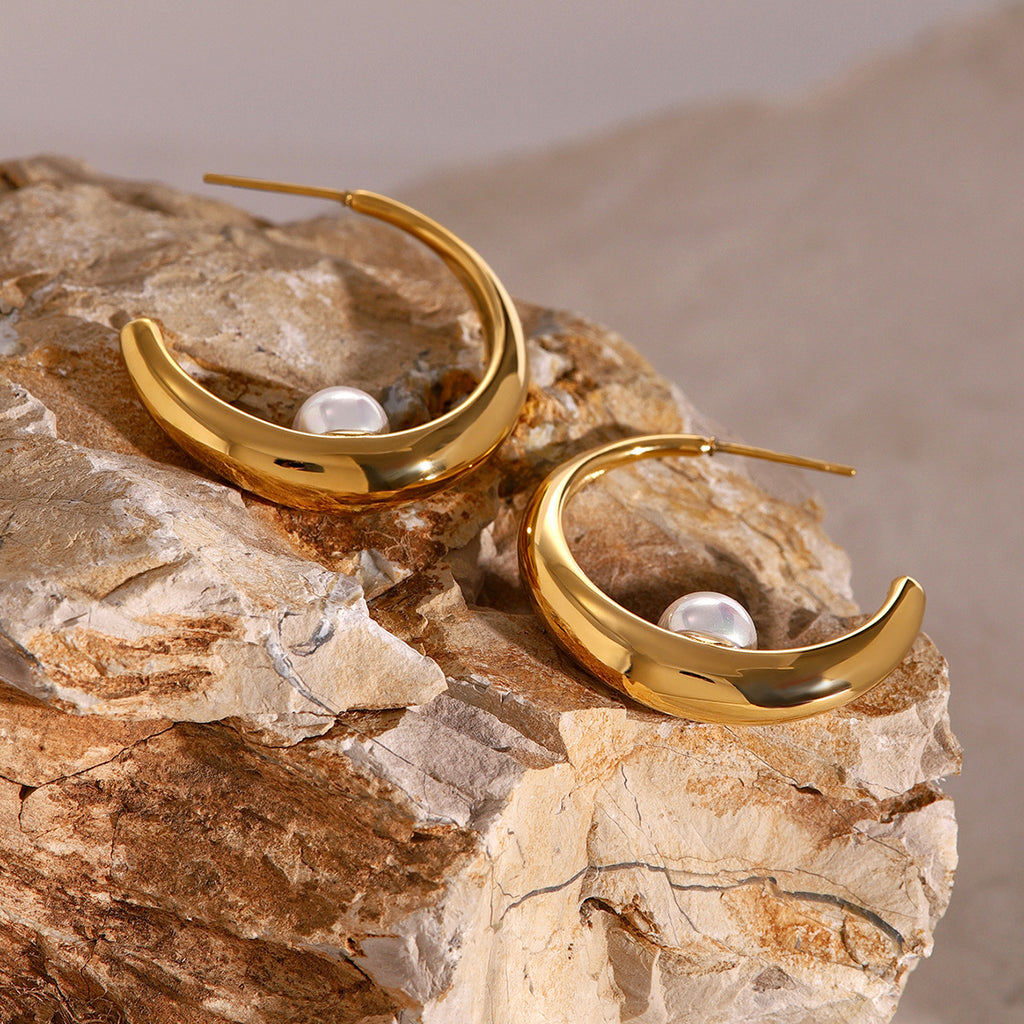 2H Stainless Steel Pearl Earrings Exaggerated Hoop Jewelry Stud Earrings