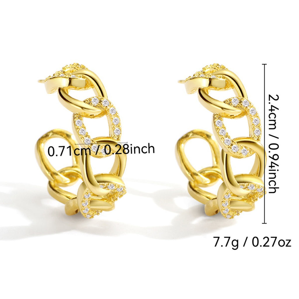 E0097 Exaggerated Hip-Hop Style Hollow Zirconia Stud Earrings for Women with Gold-Plated Chain