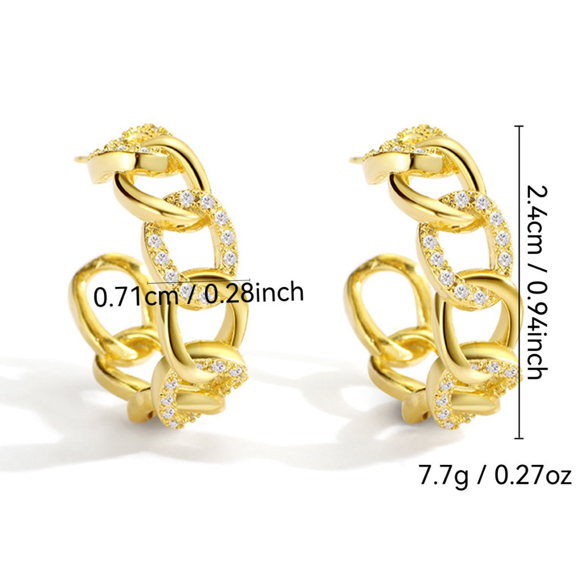E0097 Exaggerated Hip-Hop Style Hollow Zirconia Stud Earrings for Women with Gold-Plated Chain