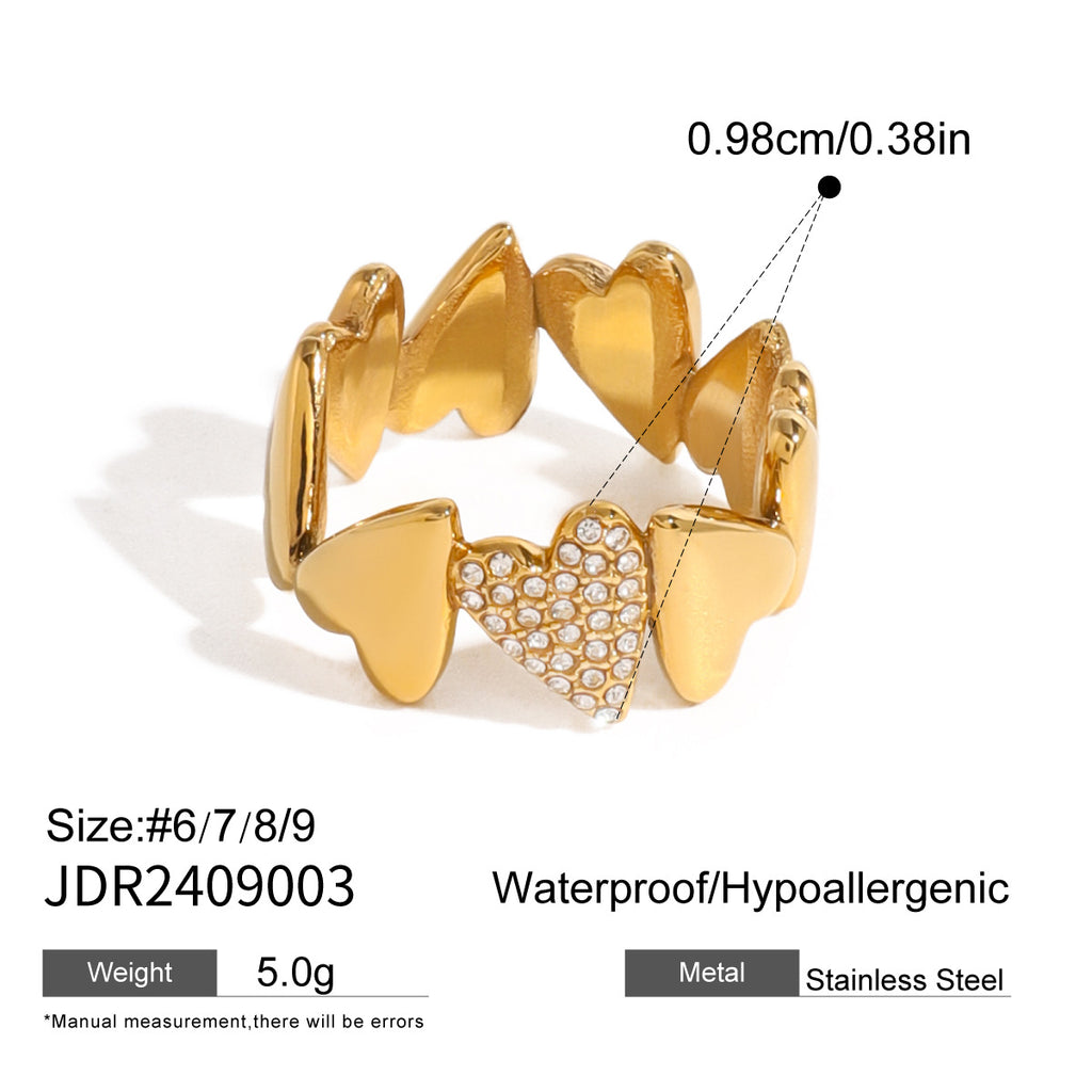 Stainless Steel18K Gold Zircon Heart Ring Design Sense Jewelry