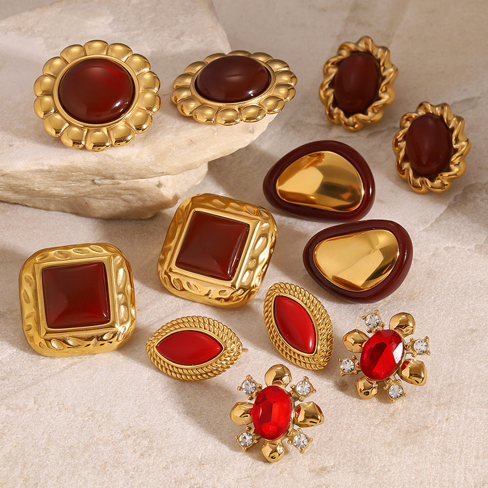 2H Stainless Steel Red Agate Earrings Zircon Stud Earrings Jewelry earring
