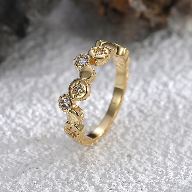 R0587 Unique Irregular Design Ring for Women, Copper Plated with Real Gold, Micro Pave Zircon, Minimalist