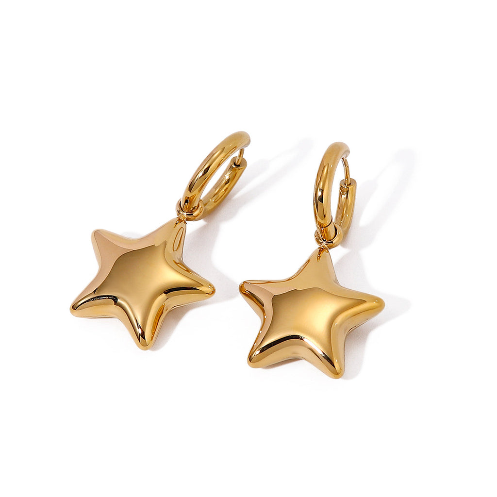 16k Gold Stainless Steel gold Smooth Surface Three-Dimensional Pentagram Earrings Simple Design Sense Ear Jewelry