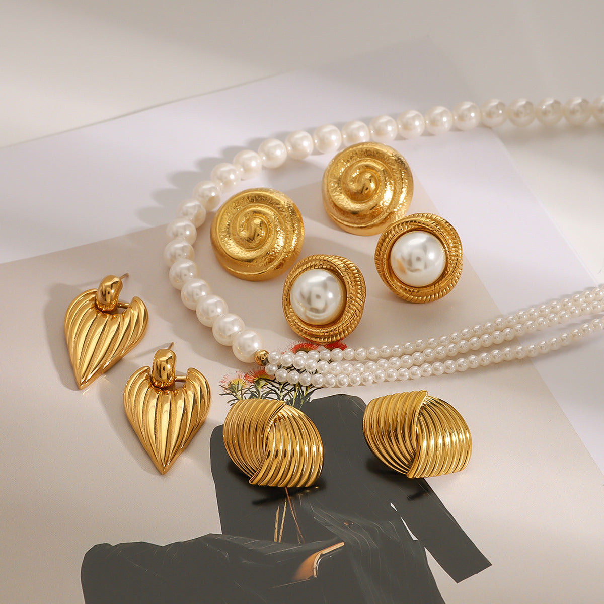 Stainless Steel Pearl Necklace Exaggerated Flower Stud Earrings Jewelry earrings