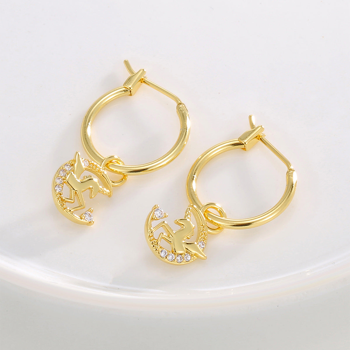 E0808 Korean Style Fashion Creative Design Earrings for Women with Pegasus, Unicorn, and Moon Inlaid Zirconia