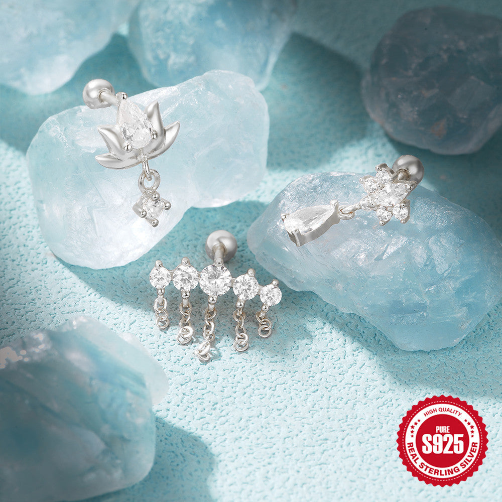 S925Sterling Silver Tassel Inlaid Diamond Chain Earrings Stud Korean Style Hot-Selling Fashion Piercing Jewelry