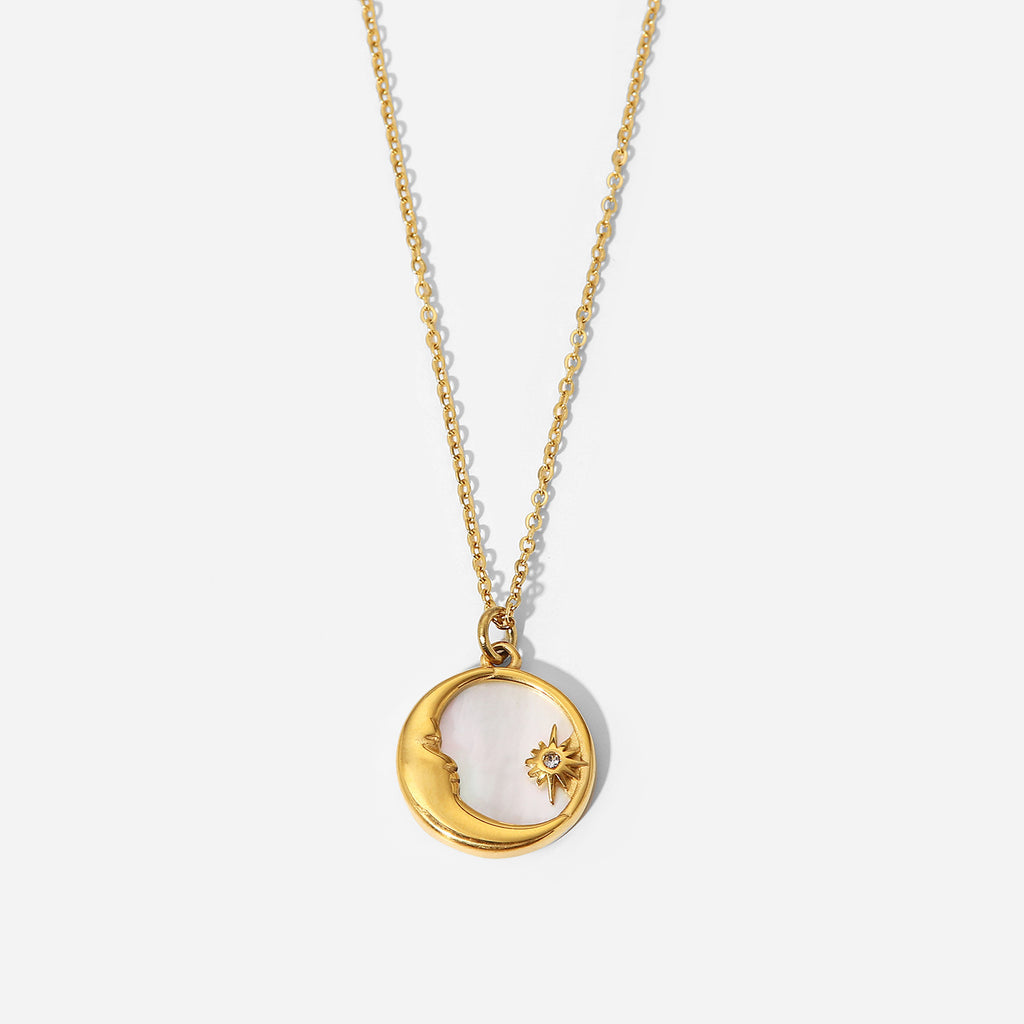 2H 18K Gold Necklace for Women French Style Natural White Mother-of-Pearl Star Moon Round Pendant Stainless Steel Necklace