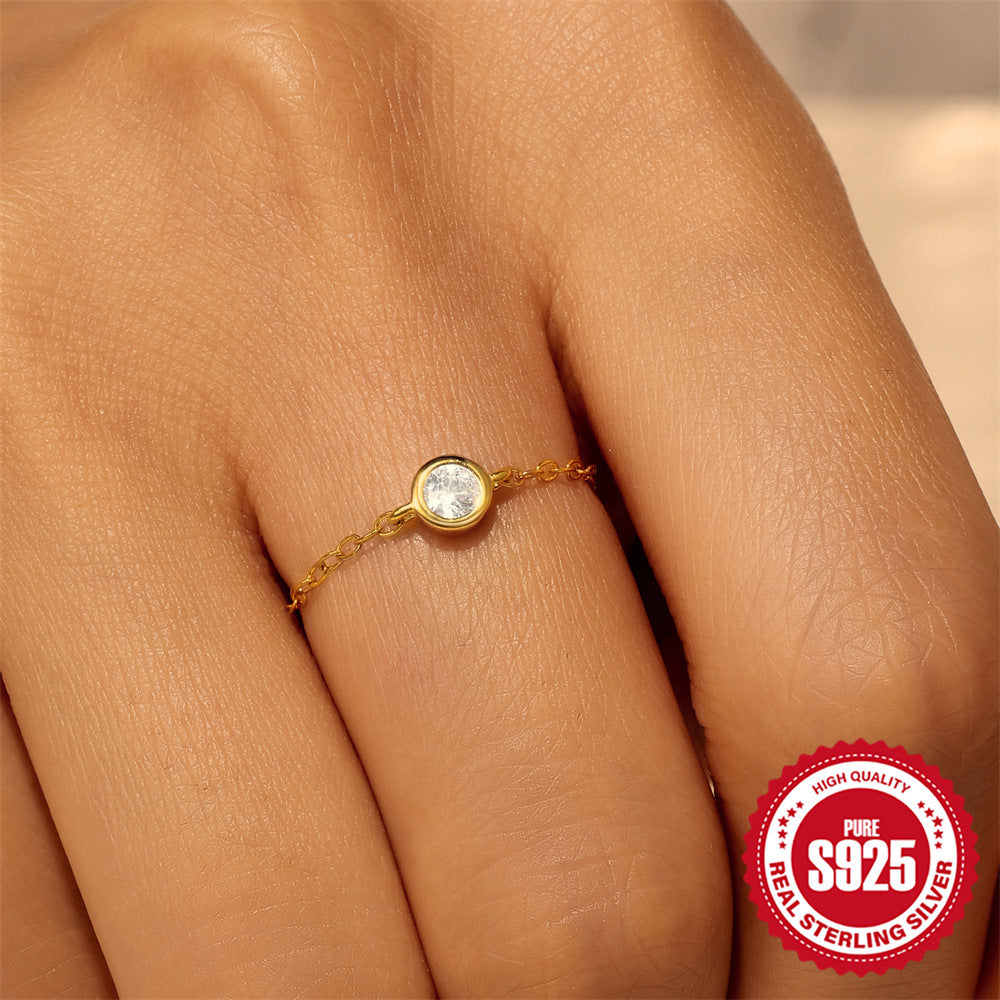 925Sterling Silver Inlaid Zircon Ring for Women Trendy Open Adjustable Chain Ring Silver Jewelry