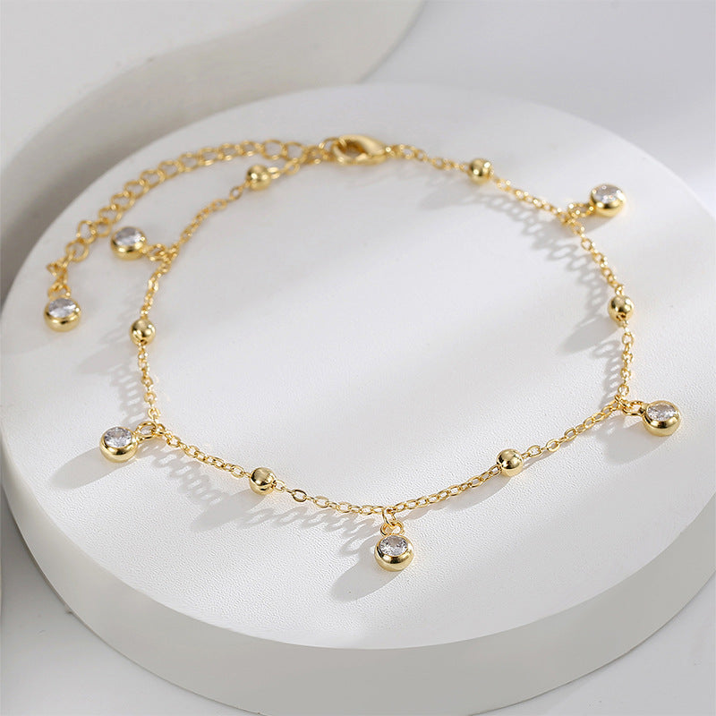 A0027 Modern Simple Versatile Checkered Anklet for Women with Design Sense, Small Round Beads Inlaid with White Zircon Foot Jewelry