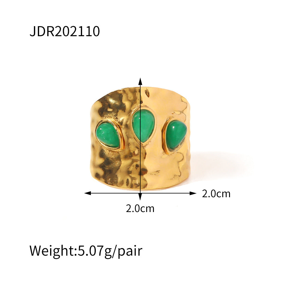 2H French Design Ring Three Irregular Green Natural Stones Exaggerated Ring Stainless Steel Ring