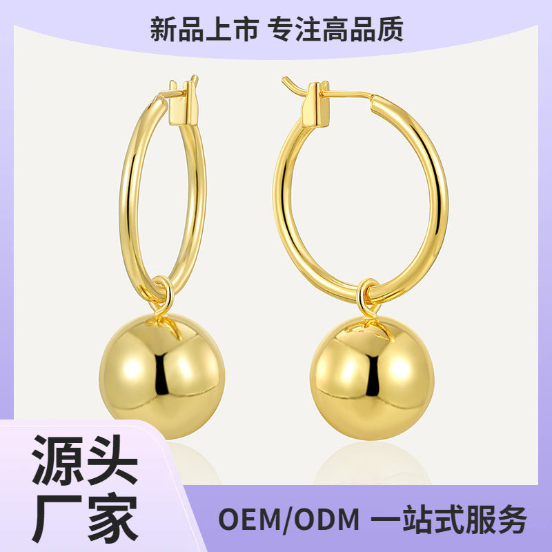 E0788 Simple Round Ball Earrings for Women, Brass Gold-Plated, Elegant Smooth Geometric Large Hoop Earrings