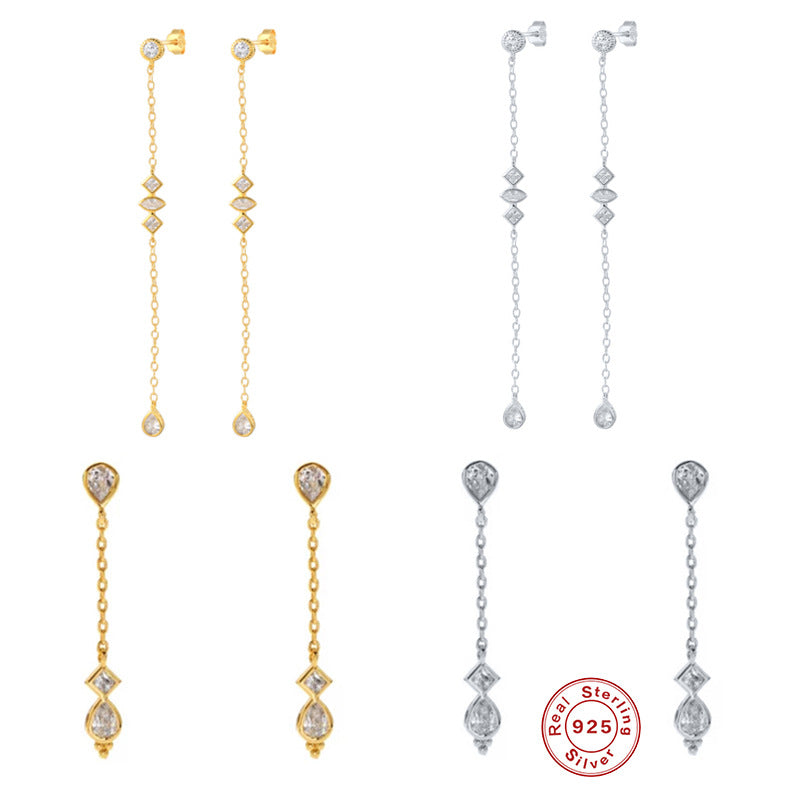 S925Sterling Silver Tassel Chain Inlaid Diamond Earrings Studs Ear Lines Japanese and Korean Ear Jewelry