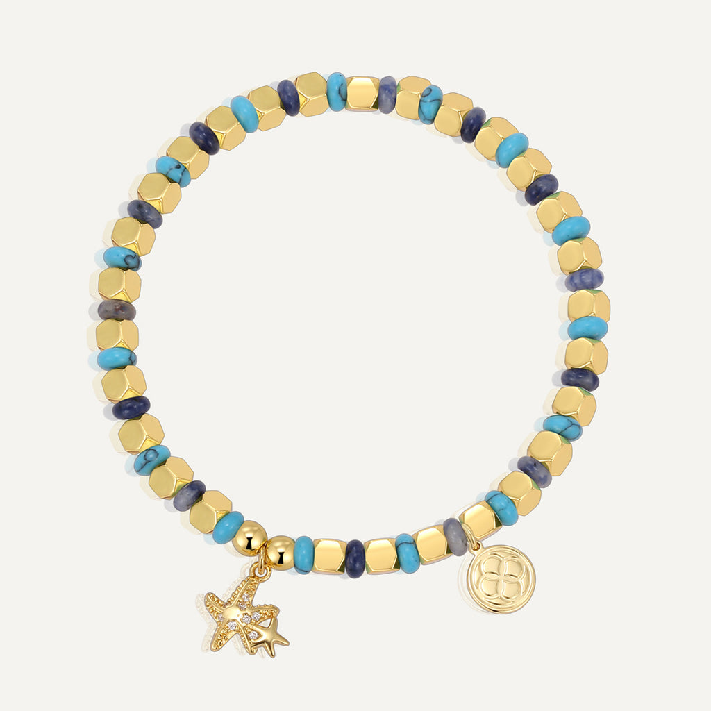 B0295 Bohemian Vacation Starfish Father and Son Zircon Beaded Vintage Blue Dot Quartz Bracelet