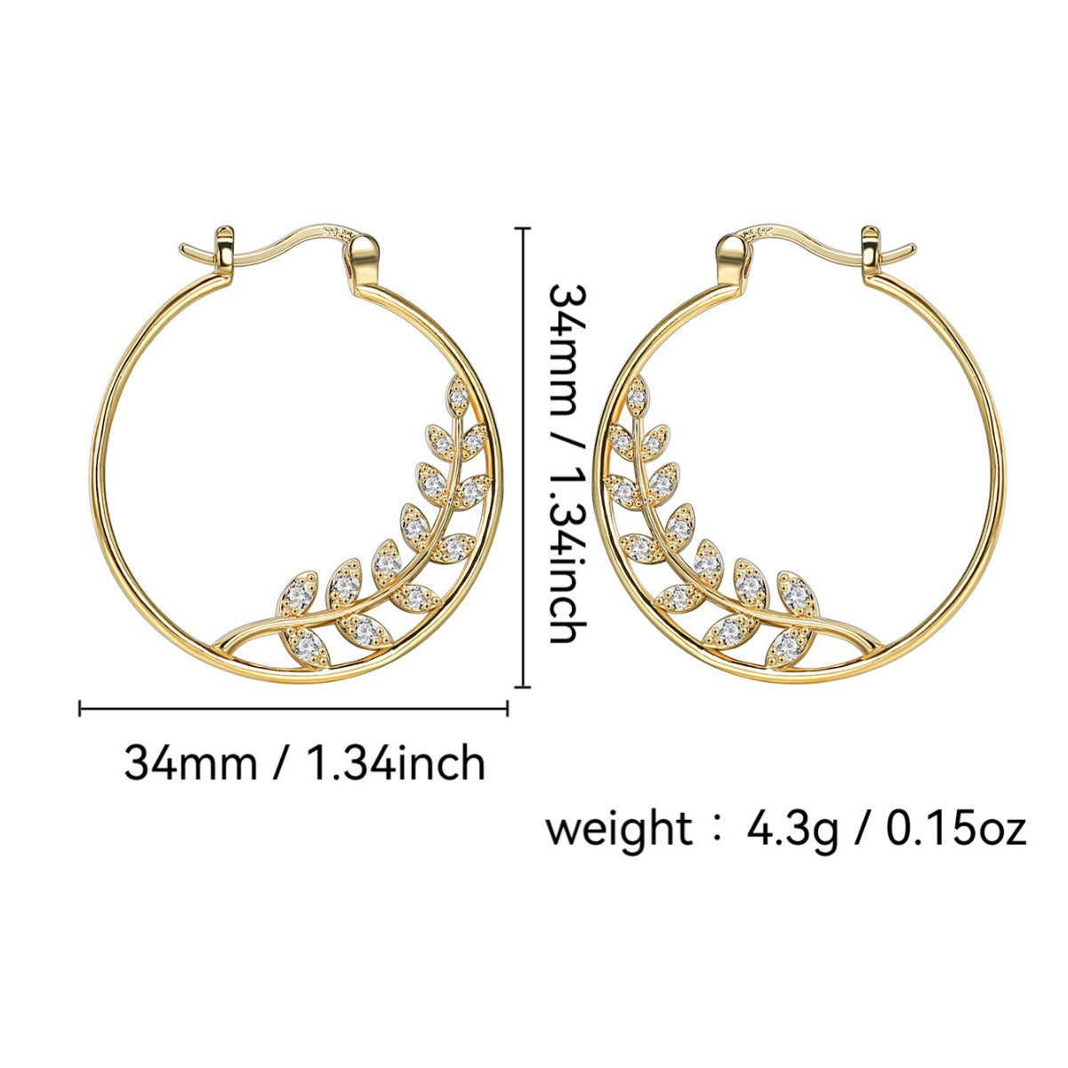 E0350 Copper Gold-Plated Leaf Hoop Earrings for Women, Simple Design, Round Branch Micro-Paved Zirconia Earrings, Lightweight