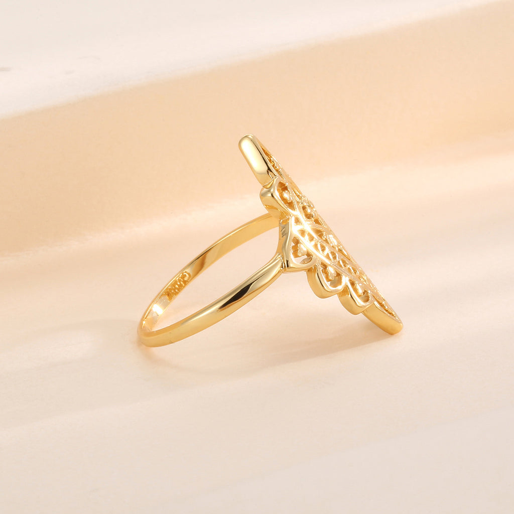 R0439 Classic Retro Design Diamond-Shaped Lace Ring for Women Brass Gold-Plated Personality Hollow Design