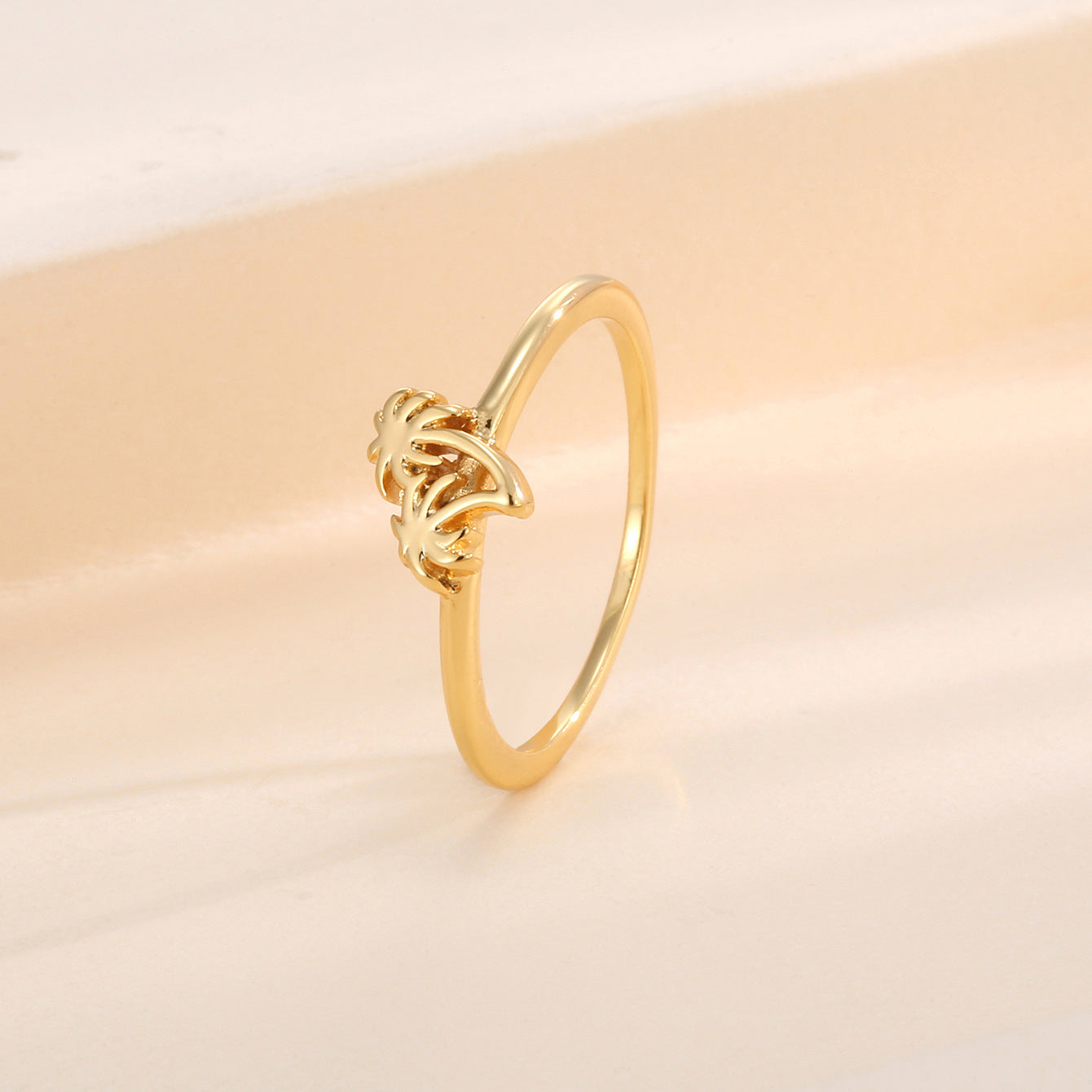 R0297 Japanese and Korean Coconut Tree Design Ring for Women, Copper Plated with Real Gold, Summer Style, Simple