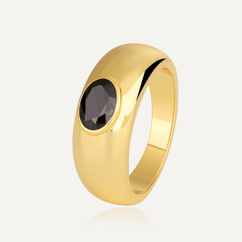 R0313 Ring for Women Copper Plated with Real Gold Black Zircon Minimalist