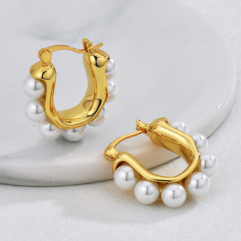 E0691 Fashionable and Elegant Pearl Beads U Vintage Minimalist Style Earrings for Women