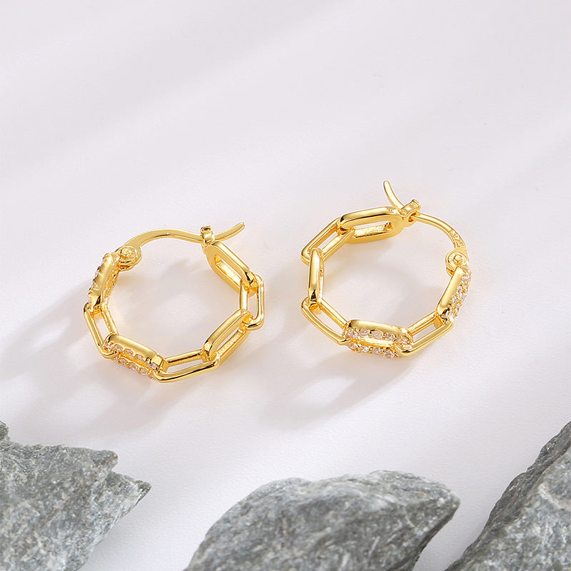 SE0033 S925Silver Hip-Hop Plated14K Gold Earrings for Women with Lock Clasp and Zircon Inlay, Minimalist Style