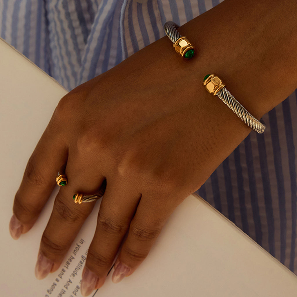 2H Natural Stone Stainless Steel Open Bracelet Non-Fading Jewelry Accessories