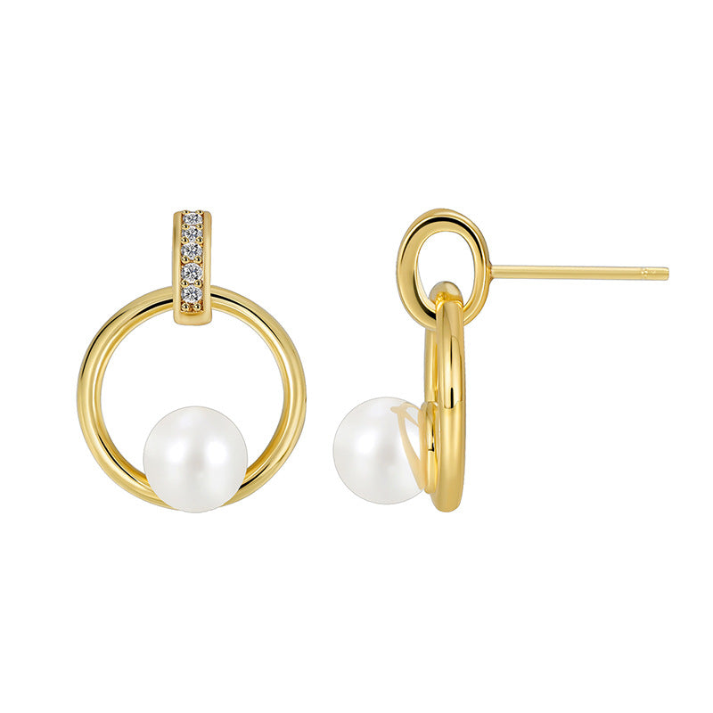 E0432 Fashion Round Design Pearl Earrings Minimalist Micro Pave Zircon Stud Earrings