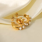 Fashionable Versatile Geometric Earrings 18K Gold Stainless Steel Inlaid Pearl C Shaped Earrings