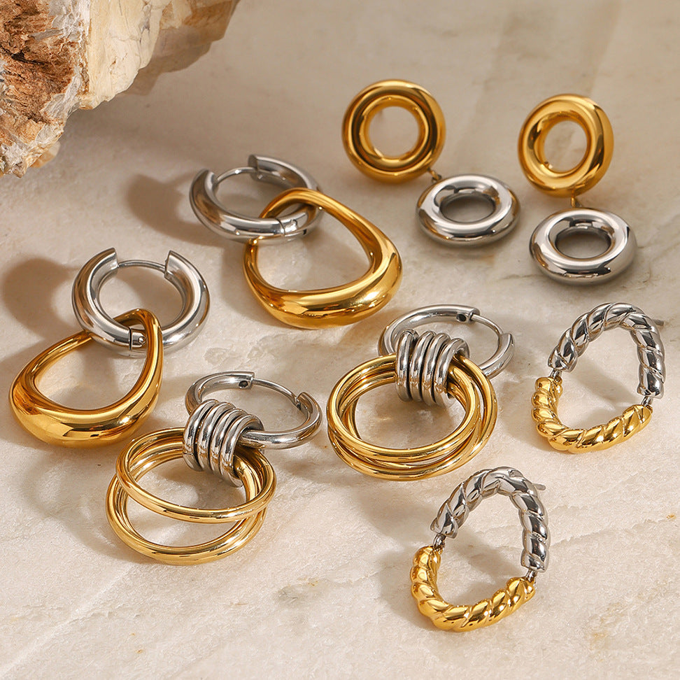 2H Stainless Steel Color Block Circle Earrings Studs Hoop Jewelry