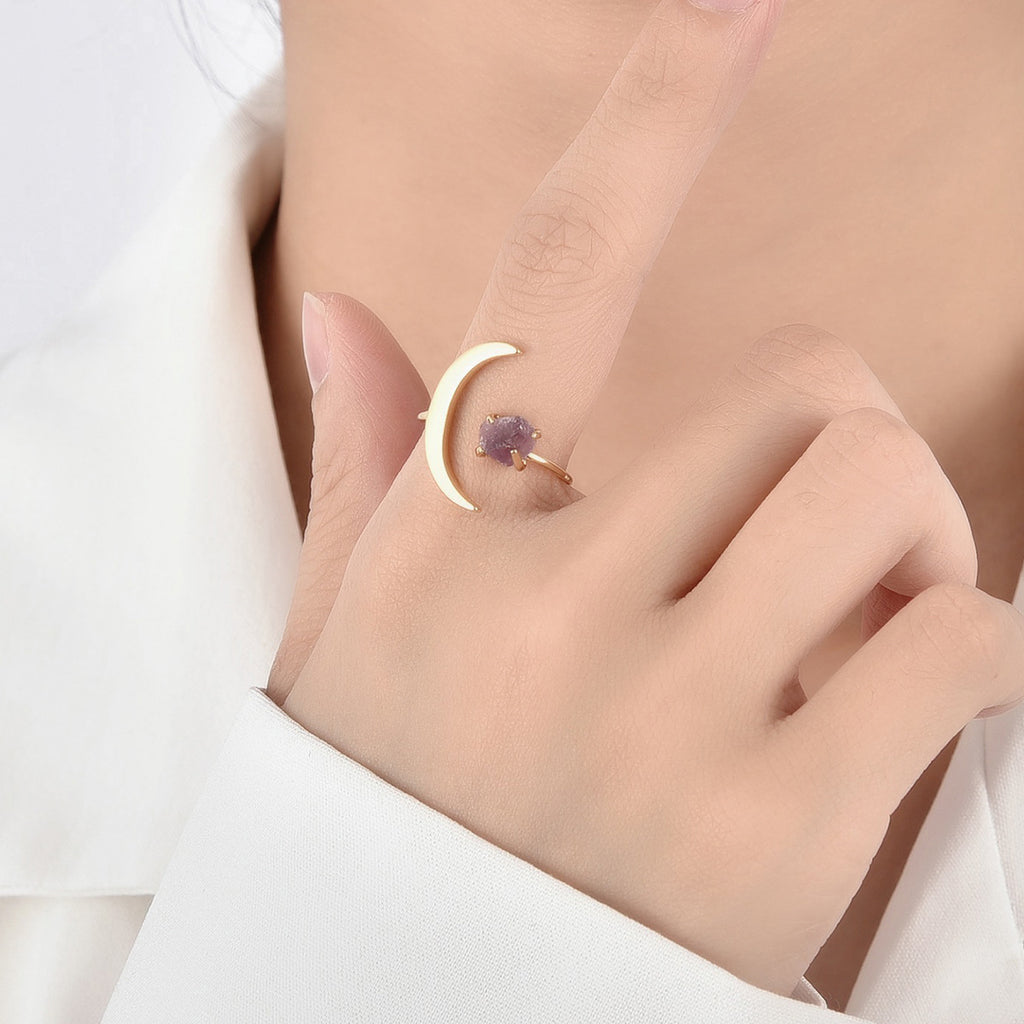 R0161 Fashion Open Star and Moon Ring Simple Personality Fashion Half Moon Natural Stone Open Ring