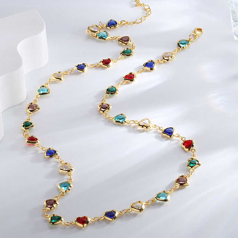N0255 Design Colorful Heart-Shaped Zircon Necklace for Women Summer Collarbone Chain