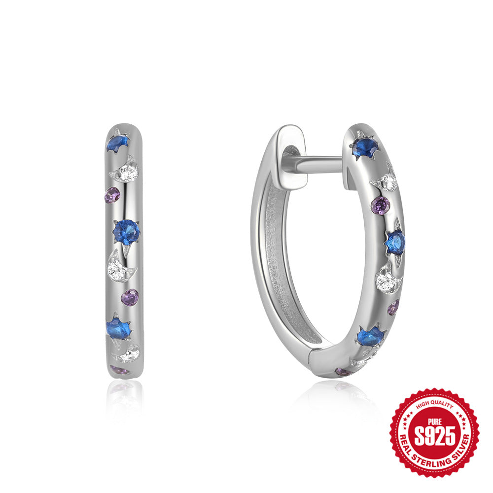 S925Sterling Silver Earrings for Women Fashion Star Moon Inlaid Diamond Hoop Earrings Ear Clips